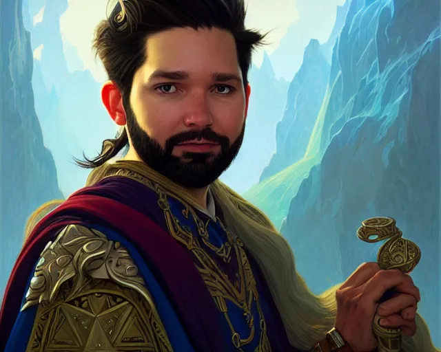 Prompt: a portrait of alexis ohanian as a wizard, handsome, deep focus, d & d, fantasy, intricate, elegant, highly detailed, digital painting, artstation, concept art, matte, sharp, illustration, hearthstone, art by artgerm and greg rutkowski and alphonse mucha