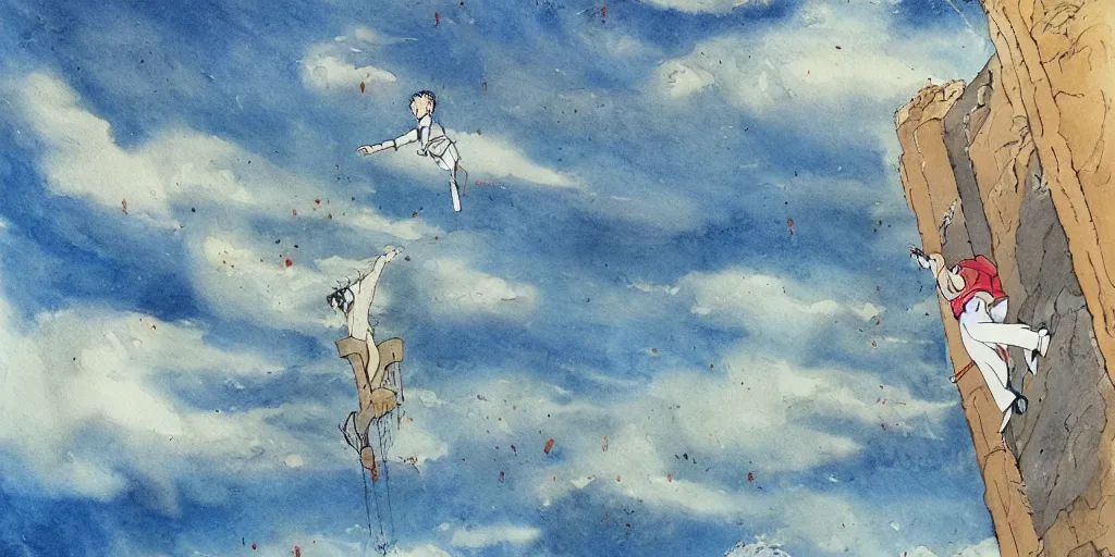 Prompt: Painting of a man ascending into the heavens as people watch in wonder, by Hayao Miyazaki, watercolour and ink