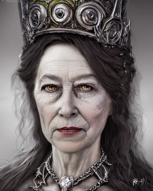 Prompt: Queen Elisabeth as a hag witch, highly detailed face, realistic face, beautiful detailed eyes, fantasy art, in the style of artgerm, illustration, epic, fantasy, intricate, hyper detailed, artstation, concept art, smooth, sharp focus, ray tracing, vibrant, photorealistic