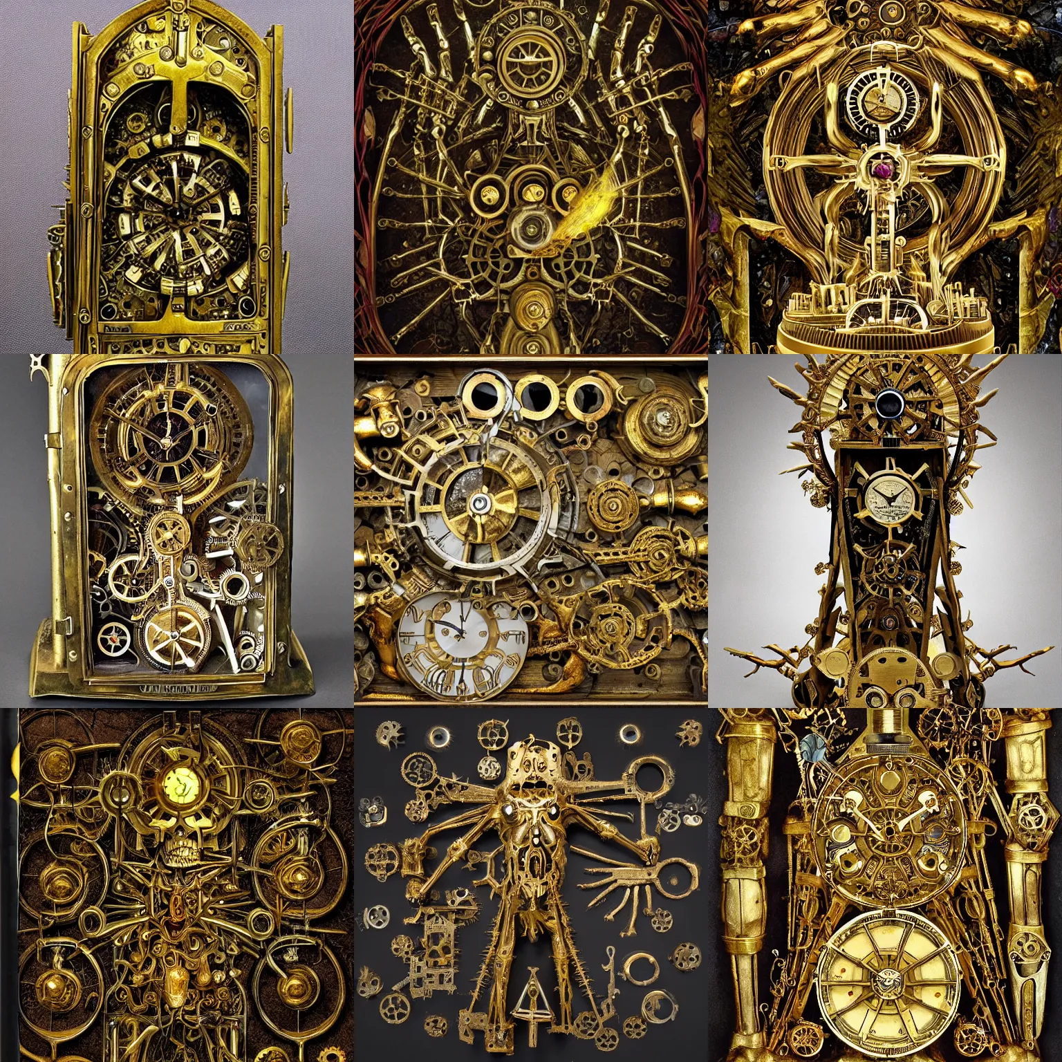 Prompt: an organic and clockwork Reliquary, bones gilded and demonically powered by souls