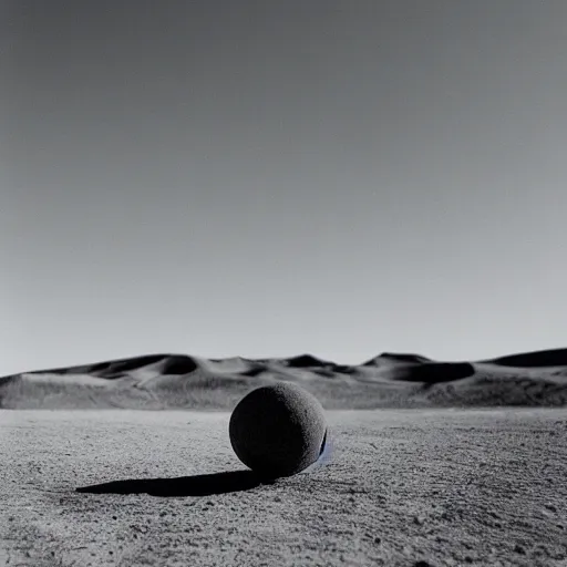 Image similar to an orb-like clay structure sitting in the desert, vintage photo, cinematography, blue sky