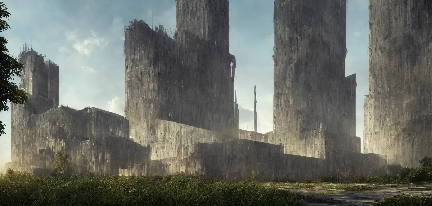 Image similar to a cathedral of brutalist architecture, surrounded by lush green vegetation, stunning volumetric lighting, sunset, metal, concrete, translucent material, stunning skies, scattered rubbish and debris, 8k, photorealistic, hyper detailed, unreal engine 5, IMAX quality, cinematic, epic lighting, digital painting in the style of DOOM and Quake, by Greg Rutkowski, trending on Artstation