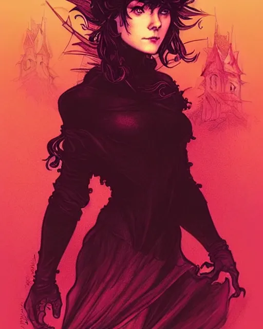 Prompt: style of arthur rackham, artgerm, steve niles : : gorgeous mary elizabeth winstead : : evil sorceress, swirling black magic, black dress : : symmetrical face, symmetrical eyes : : full body pose : : gorgeous red hair : : cinematic lighting : :