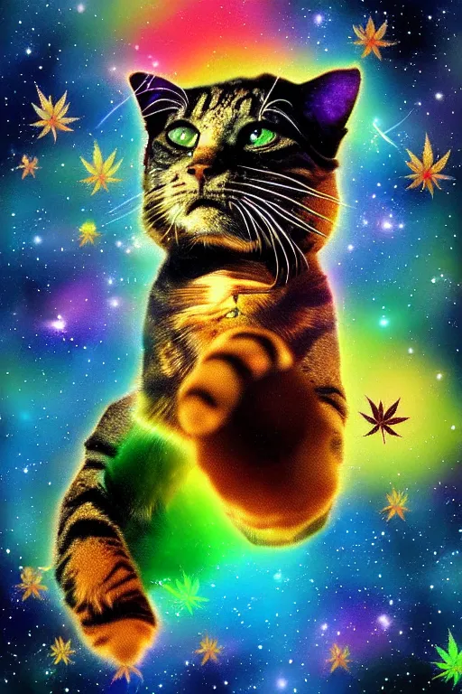 Image similar to A Bob Marley cat floating in space with cannabis, digitalart