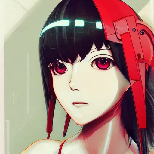 Image similar to A cyborg girl with big and cute red eyes, fine-face, realistic shaded perfect face, fine details. red, black and white robotic parts. Very very anime. Realistic shaded lighting poster by Ilya Kuvshinov katsuhiro otomo ghost-in-the-shell, magali villeneuve, artgerm, Jeremy Lipkin and Michael Garmash, Rob Rey and Kentarõ Miura style, trending on art station