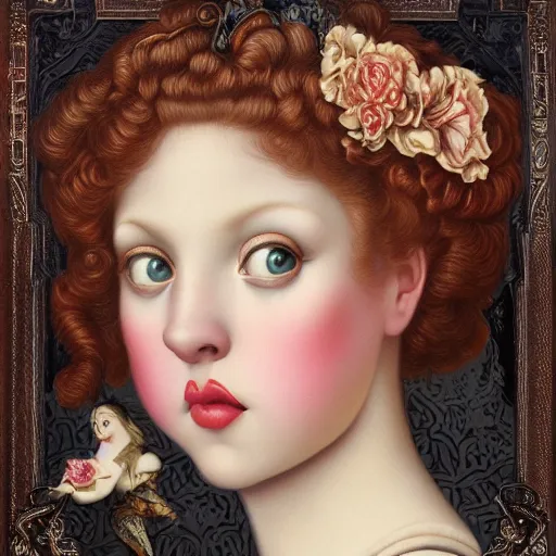 Prompt: a 3 d realistic image of a stunning women looking at the camera mark ryden, rococo, art nouveau, pop 3 d 8 k ultra detailed