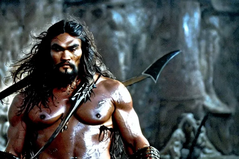 Image similar to 7 0 mm film still from conan the barbarian, jason momoa as conan with a giant sword wearing ornate dragon armor in the wet catacombs of skulls and snakes, cinematic, volumetric lighting, mist, wet skin and windblown hair, muscular!!!, heroic masculine pose, ridley scott