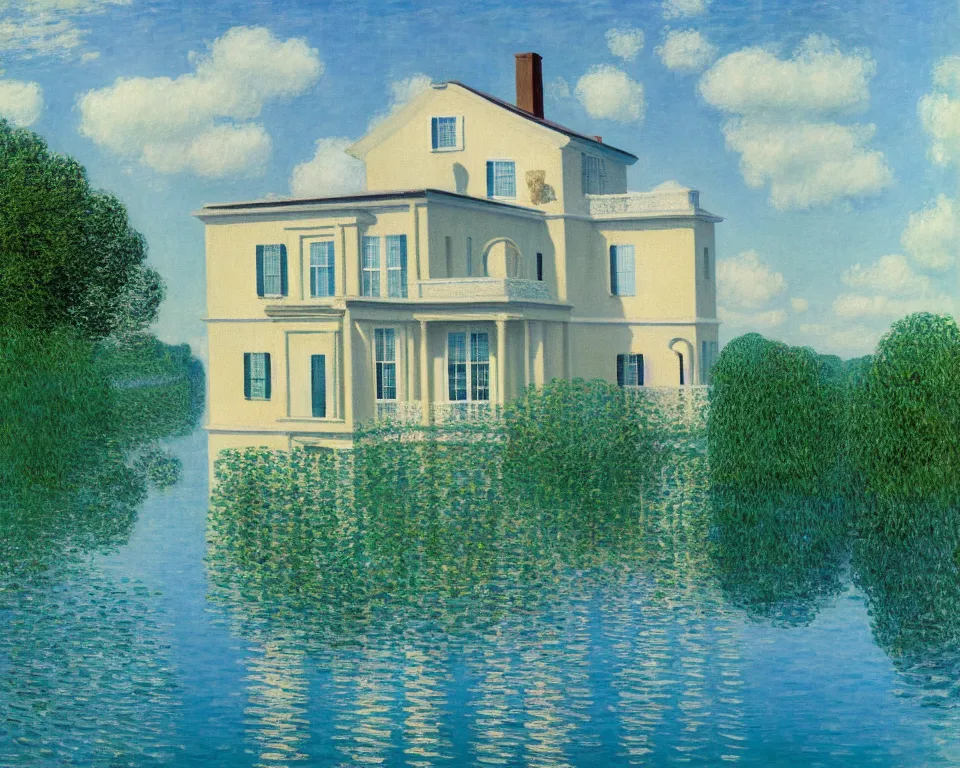 Prompt: achingly beautiful painting of a sophisticated, well - decorated, inspired pool house by rene magritte, monet, and turner.