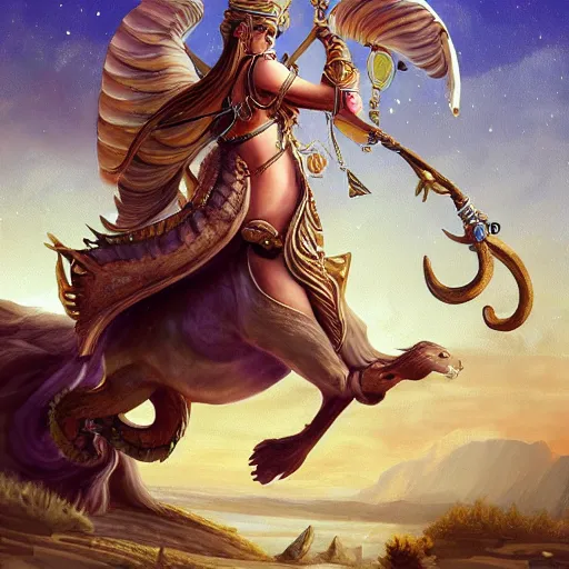 Image similar to a goddess riding a ram while checking her cell phone. fantasy art for the zodiac sign aries by senior concept artist josaphine wall, acrylic on canvas, intricately detailed, high resolution trending on artstation