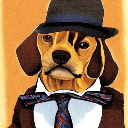 Prompt: a beagle wearing a business suit and fedora, by moebius