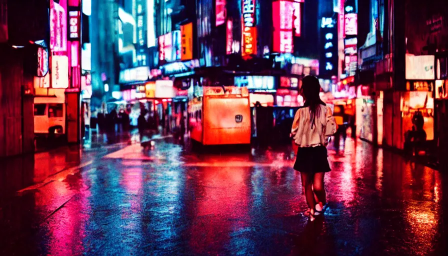 Image similar to street of shibuya photography, night, rain, mist, a girl with pink hair, cinestill 8 0 0 t, in the style of william eggleston