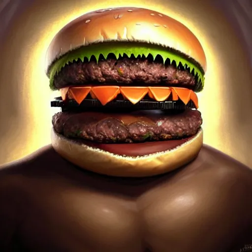 Image similar to a onster with a head like a hamburger, burger with human eyes, burger with human mouth, teeth, very detailed eyes, french fries as arms, character concept art, fantasy, intricate, fantasy drawing, illustration, highly detailed, hyperrealistic, cgsociety, artstation, oil painting by greg rutkowski, by artgerm