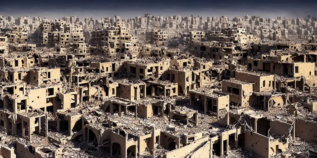 Prompt: “epic view of Hummus in Syria in destruction, sad atmosphere, ruins, hyperdetailed, hyperrealism, trending on artstation, award winning photograph, photorealistic, 8k, concept art, cinematographic, uhd, epic lighting”