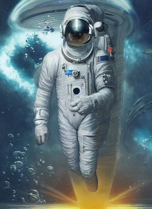 Image similar to astronaut in dark void underwater - complex and hyperdetailed technical suit design. reflection and dispersion materials. rays and dispersion of light. volumetric light. f / 3 2. noise film photo. flash photography. ultra realistic, 5 0 mm. poster by wayne barlowe, hajime sorayama aaron horkey, craig mullins