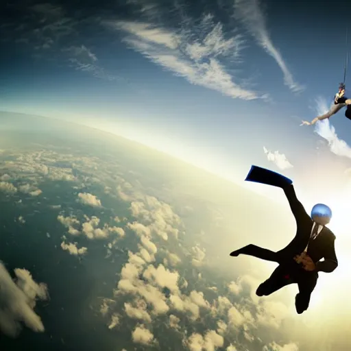 Image similar to drama photo of a man in a buisness suit skydiving, from the view of someone on the ground, beautiful dramatic clouds illuminated by the sun in the style of craig mullins