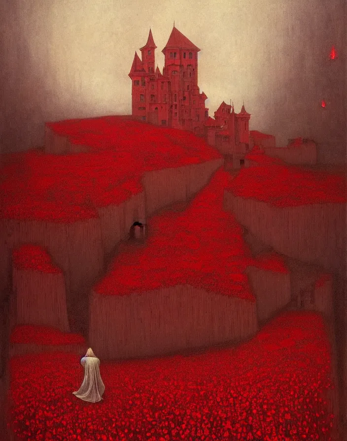 Image similar to only with red, red flowers, a red tiger, a castle in the background, medieval demons, an ancient path, in the style of beksinski, part by hopper, part by rodcenko, part by hofbauer, intricate composition, red by caravaggio, insanely quality, highly detailed, masterpiece, red light, artstation