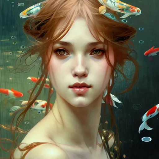 Image similar to Portrait of a girl surrounded by Koi fish, face, fantasy, intricate, elegant, highly detailed, digital painting, artstation, concept art, smooth, sharp focus, illustration, art by Krenz Cushart and Artem Demura and alphonse mucha