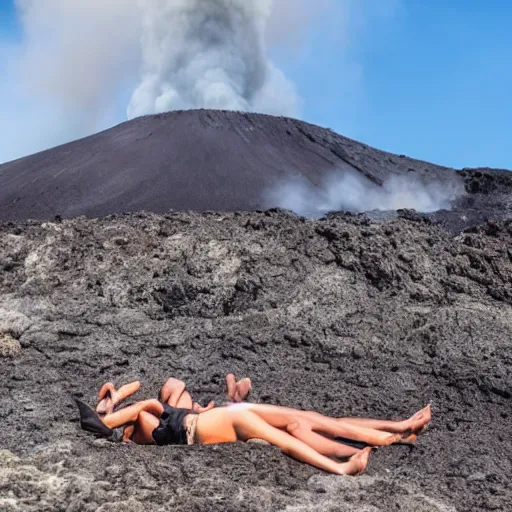 Image similar to people sunbathing on a volcano, lava, magma, smoke, steam, smoldering rocks