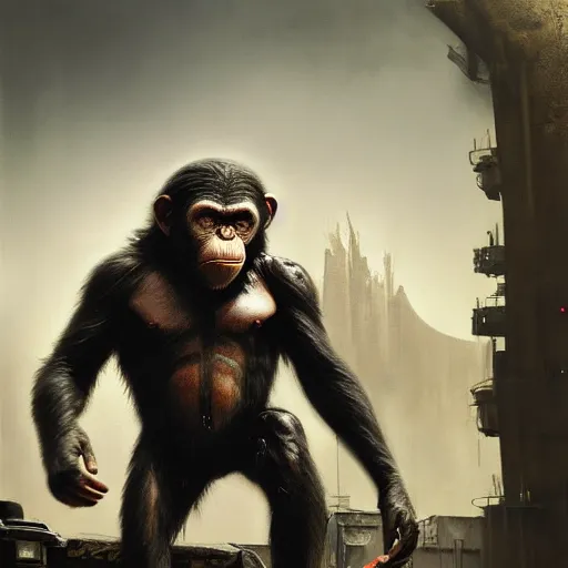 Prompt: a biomechanically altered ape from planet of the apes, with one eye, sitting on top of a tank, villain character art, scars, by chris leib and greg rutkowski and android jones in a dark fantasy cyberpunk style, oil on canvas, volumetric lighting, 8k, hd.