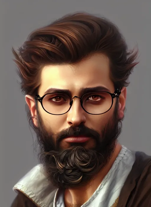 Prompt: a _ fantasy _ style _ portrait _ painting _ of middle eastern male brown wavy hair glasses beard, rpg dnd oil _ painting _ unreal _ 5 _ daz. _ rpg _ portrait _ extremely _ detailed _ artgerm _ greg _ rutkowski _ greg