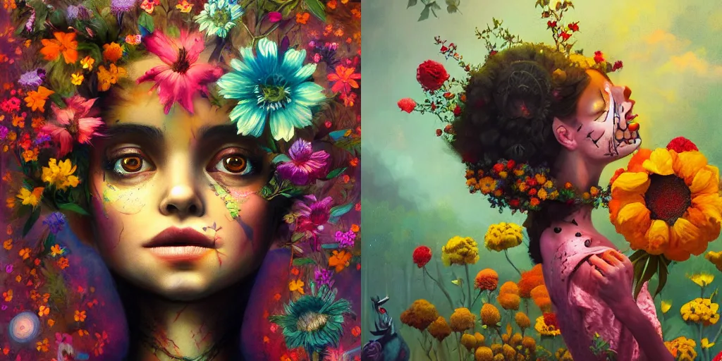 Prompt: The girl made out of flowers, black background, fantasy portrait by Esao Andrews and Lisa Frank, existential horror concept art, 4k HD, trending on ArtStation