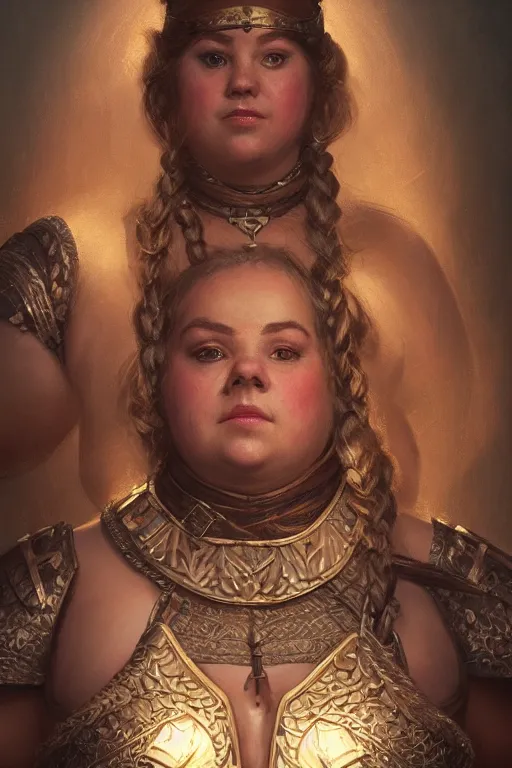 Prompt: Portrait | chubby female dwarf queen | bronze dwarven breastplate | beautiful braided hair | style by greg rutkowski, wayne reynolds, jeff easley dramatic light | high detail | cinematic lighting | artstation | Regal and Proud robust woman| bold serious expression | dungeons and dragons | throne room |