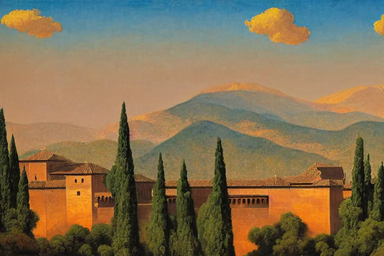 Prompt: painting of the alhambra in granada, nature, clouds, sunset, chill, romantic, by ludwig deutsch and maxfield parrish, patterned tilework, extremely detailed, cinematic lighting, smooth sharp focus