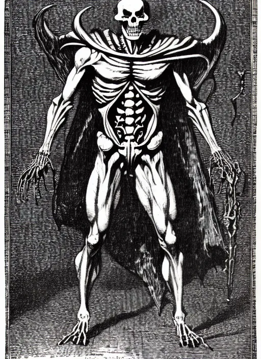 Image similar to illustration of motu's skeletor as a demon from the dictionarre infernal, etching by louis le breton, 1 8 6 9, 1 2 0 0 dpi scan, ultrasharp detail, clean scan