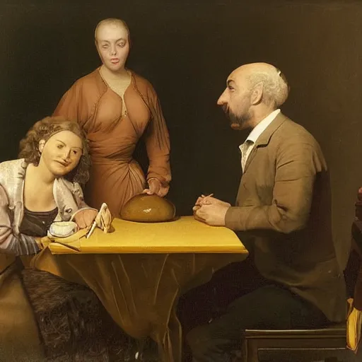 Image similar to The photograph depicts two people, a man and a woman, sitting at a table. The man is looking at the woman with a facial expression that indicates he is interested in her. The woman is looking at the man with a facial expression that indicates she is not interested in him. There is a lamp on the table between them. by Hendrik Kerstens, by Clyde Caldwell melancholic