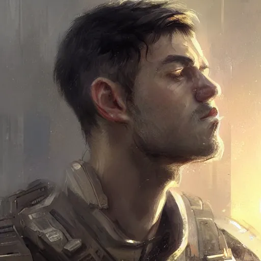 Image similar to Portrait of a man by Greg Rutkowski, he is about 20 years old, mixture turkish and russian, short dark blonde hair with bangs, attractive, angry but resigned look, he is wearing a futuristic tactical gear, highly detailed portrait, scifi, digital painting, artstation, concept art, smooth, sharp foccus ilustration, Artstation HQ.