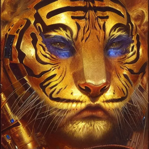 Image similar to highly detailed portrait of a robotic humanoid tiger mecha, painting by gaston bussiere, craig mullins, j. c. leyendecker, lights, art by ernst haeckel, john william godward, hammershøi, alex grey, dmt