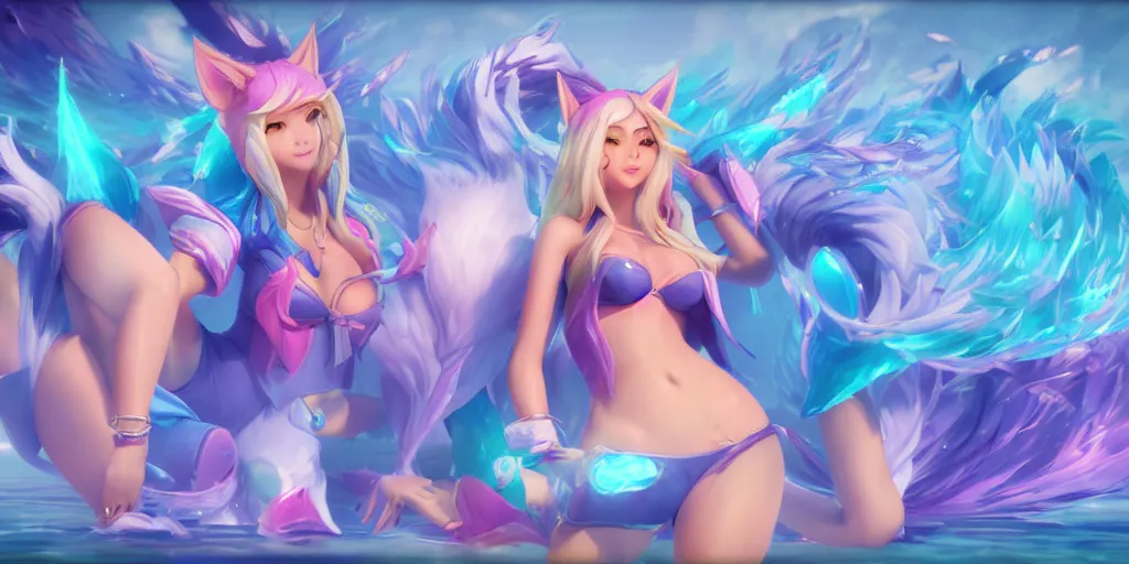 Prompt: Character sheet of gorgeous pool party ahri (League of Legends). 3d octane render trending on artstation