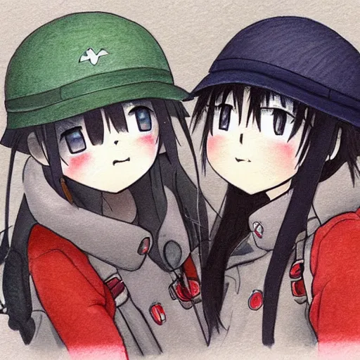 Prompt: colored pencil sketch of girls last tour chito and yuuri kissing