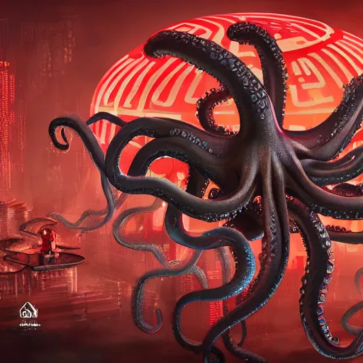 Image similar to Illustration of the Chinese communist party as a dirty octopus with lots of tentacles, dystopian, dirty, 3d shaded, cyberpunk, cgsociety, imax, highly detailed