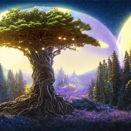 Image similar to matte painting of a beautiful tree with a shining cristals in its center and opulent crystals! at it's base set in an alien landscape, by Pail Lehr and Dan Mumford and Dan Hillier, octane rendered, 8k resolution,