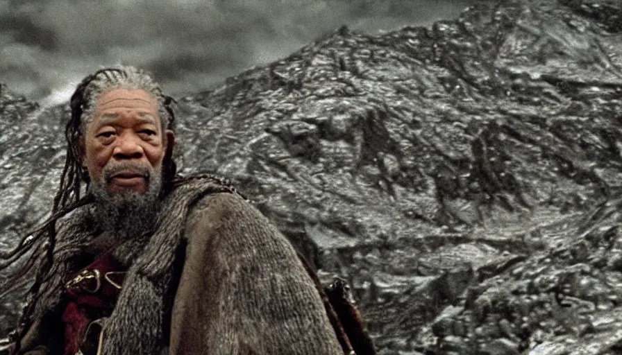 Image similar to morgan freeman as gimli in lord of the rings, cnn news footage taken from above.