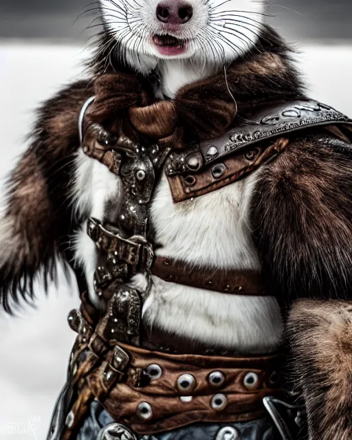 Image similar to ferret warrior, furry, fantasy, viking, high detailed, photography, cloudy, lightweight leather armour, scandinavia, plain, detailed face, look into the distance, serious face, full body, in full growth, professional photographer, masterpiece, 5 0 mm, extremely detailed, 8 k