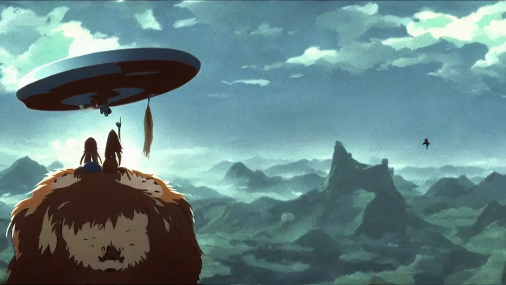 Image similar to a cell shaded cartoon movie still from princess mononoke ( 1 9 9 7 ) showing a ufo from independence day ( 1 9 9 6 ) in the air above a city. very dull muted colors, hd, 4 k, hq