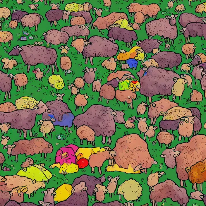 Image similar to a herd of sheep lying dead over mountains of gigantic fruit, naivistic art, childrens drawing, story book illustration, expressive, colorful, schizophrenic, paranoid