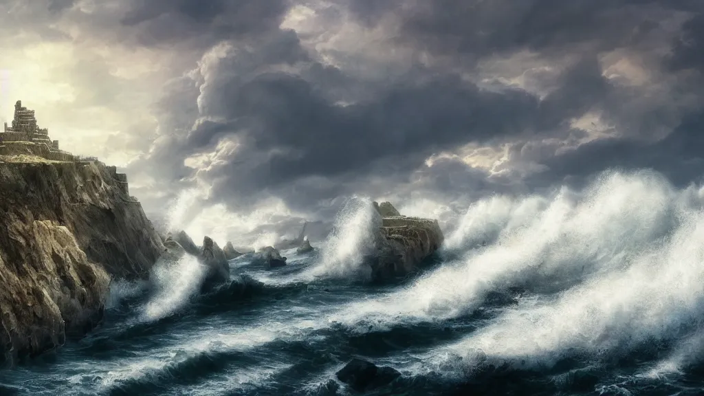 Prompt: cliffs with large drum castle foamy rough seas, stormy, windy, Game of Thrones, volumetric lighting, fantasy artwork, very beautiful scenery, very realistic painting effect, hd, hdr, cinematic 4k wallpaper, 8k, ultra detailed, high resolution, artstation