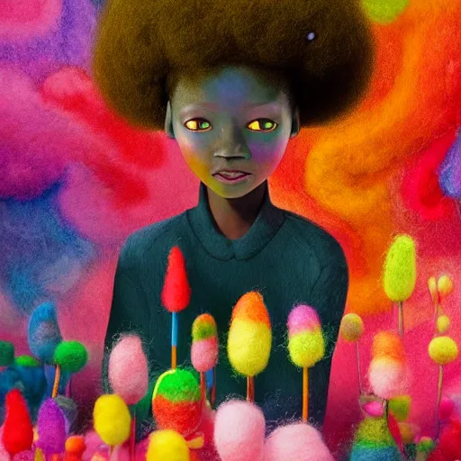 Image similar to a black girl with a colorful afro in a candy forest at night, bokeh, bright colours, watercolor, volumetric wool felting, macro photography, children illustration, by goro fujita