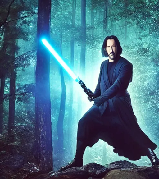 Image similar to keanu reeves as a jedi master with a blue lightsaber fighting a sith lord in an ancient bioluminescent forest, perfect symmetrical face, full moon, moody lighting, 8 k, shallow depth of field, intricate detail,