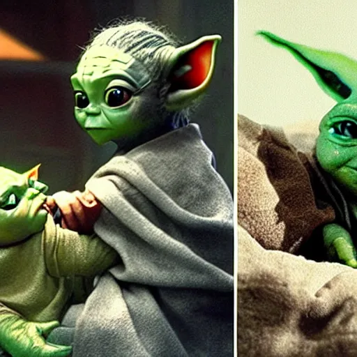 Image similar to a film still of baby yoda's son being trained by rey skywalker in star wars realistic, detailed