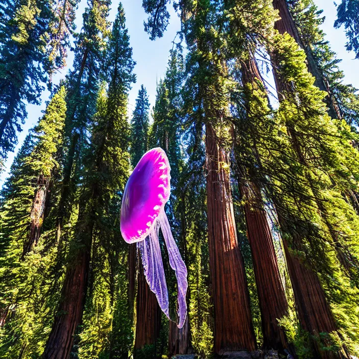 Prompt: giant jelly fish floating in air swarm among the giant sequoia trees at 2875 adanac.st vanvcouver,british columbia,canada