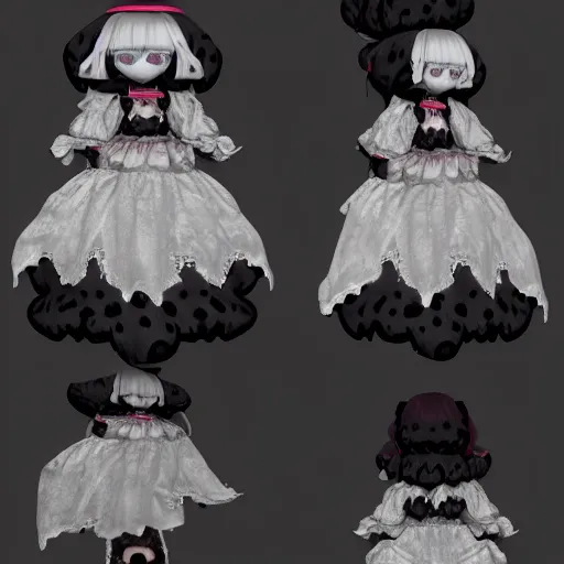 Prompt: cute fumo plush glitch npc of a cursed floating blob of dark ichor vaguely in the shape of a cute girl, amorphous, inky blackness, fluid simulation melting, gothic dress with lace, black and white, horror, vray