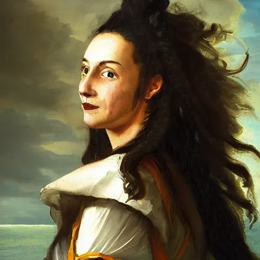 Prompt: oil painting, smiling, happy, beautiful, intelligent, fierce, powerful, female pirate captain 3 2 years old, flowing long hair, fully clothed, wise, beautiful, masterful 1 7 2 0 s oil painting, dramatic lighting, sharp focus