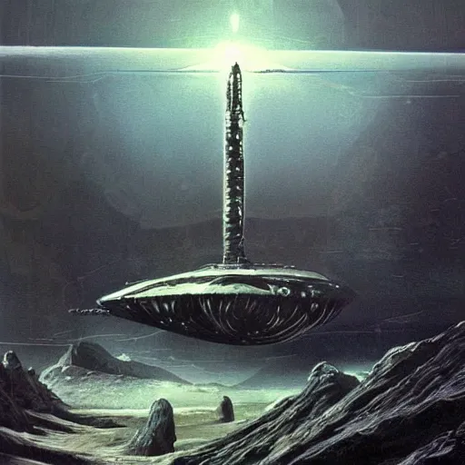 Image similar to crashed alien space ship on a desolate rocky world, sci fi concept art by H.R Giger