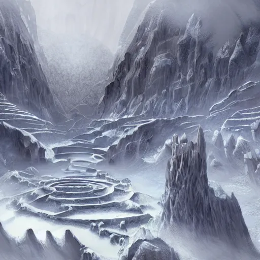 Image similar to fantasy concept art, marble city covered in snow, Greco style, mountains, labyrinth, high detail, 8k