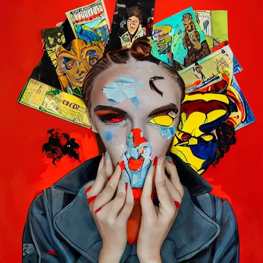 Image similar to a painting of a woman's face with torn-up superhero comics on her face, a surrealist painting, behance contest winner, pop surrealism, surrealist, detailed painting, poster art