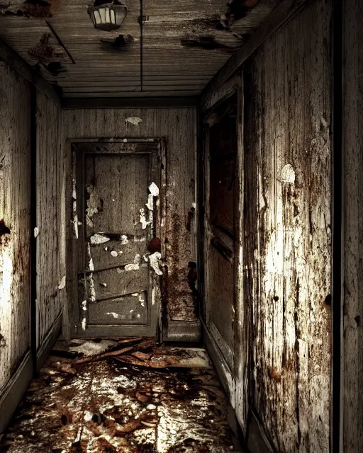 Prompt: Resident Evil 7, American gothic interior, mold growing on walls, wooden floor, atmospheric, nighttime scene, photorealistic narrow hallway with broken windows, horror